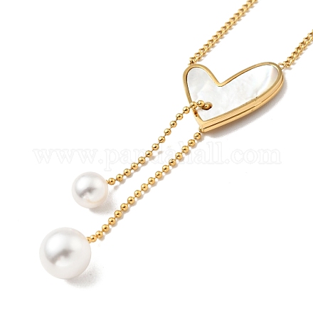 Coeur de coquillage blanc synthétique avec collier pendentif perle en plastique NJEW-G036-05G-1