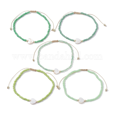 Set di 5 braccialetti con perline intrecciate a forma di cuore e semi di conchiglia naturale in 5 colori BJEW-JB10039-03-1