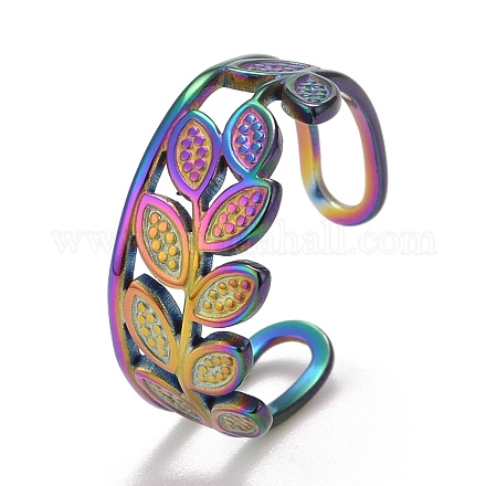 Placcatura ionica color arcobaleno (ip) 304 anello polsino aperto avvolgente in foglia di acciaio inossidabile per le donne RJEW-A005-10-1