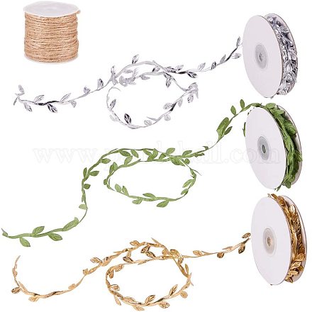 JEWELEADER 30 Yards Artificial Cloth Leaf Ribbon Trim and 11 Yards Natural Jute Twine 2mm Hemp Cord Gold Silver Green Leaves Vine for Jewelry Making Wedding Home Jungle Party Garland Decorations DIY OCOR-PH0003-38-1