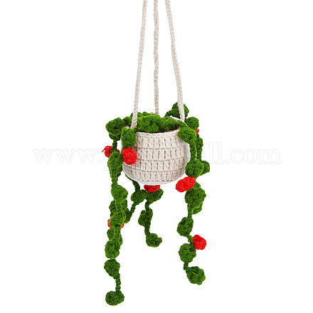毛糸かぎ針編み植物バスケット吊り下げ装飾  車のバックミラーの装飾用  ダークシーグリーン  43cm FIND-WH0152-161B-1