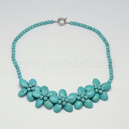 Flower Synthetic Turquoise Bib Statement Necklaces NJEW-P102-55-1