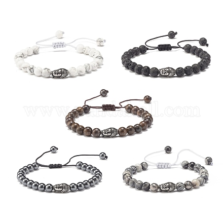Bracelet de perles rondes tressées en pierres naturelles avec tête de bouddha BJEW-JB07640-1