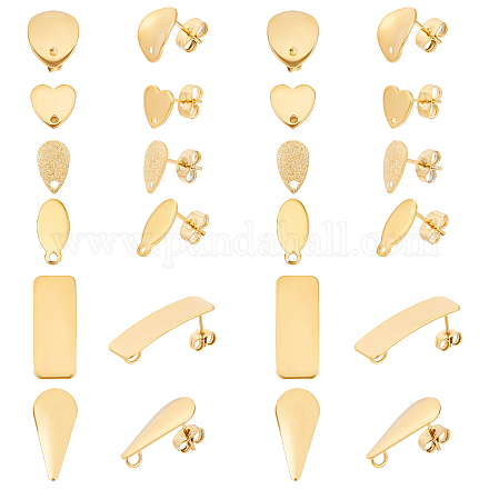 DICOSMETIC 24Pcs 6 Style Stainless Steel Stud Earring Findings Golden Color Rectangle/Teardrop/Heart/Oval/Flat Round Earring with Loop Hook for Jewelry Earring Making STAS-DC0005-67-1