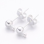Accessoires des clous d'oreilles en laiton, avec boucle, couleur argentée, 15x6mm, Trou: 1mm, balle: 4 mm, pin: 0.8 mm