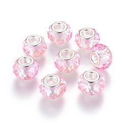 Perle di vetro europei a mano, perline con foro grande, nucleo in ottone colore argento , perla rosa, 14x8mm, Foro: 5 mm