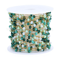 Catene di perline tonde sfaccettate in vetro, con catene a graffetta in acciaio inossidabile 316 placcato oro 14k, saldato, con la bobina, verde mare chiaro, 3x2mm, circa 16.40 piedi (5 m)/rotolo