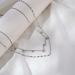 Colliers de luxe légers en acier inoxydable pavé de zircons cubiques transparents à double couche avec pompon rond plat pour femmes à porter au quotidien, couleur d'argent, 16.54 pouce (42 cm)