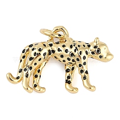 Pendenti smaltati in ottone placcato a cremagliera, con anello di salto, placcato di lunga durata,  cadmio& piombo libero, vero placcato oro 18k, fascino leopardo, nero, 14x20x5.5mm, Foro: 3 mm