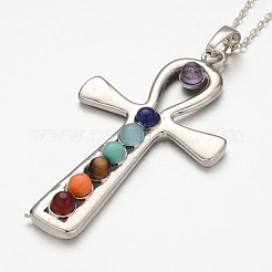 Platinierte Vintage Chakra Schmuck Messing Edelstein Kreuz Anhänger Halsketten&nbsp;NJEW-JN01155-02