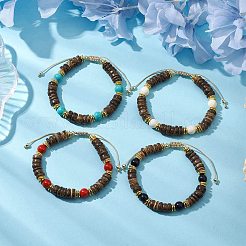 Bracelets de perles tressées réglables en turquoise synthétique teint rond de 8mm et noix de coco naturelle pour femmes&nbsp;BJEW-JB10762
