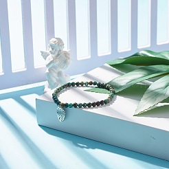 Bracciale elasticizzato con perline rotonde e pietre preziose naturali con ciondolo a forma di foglia&nbsp;BJEW-JB07587