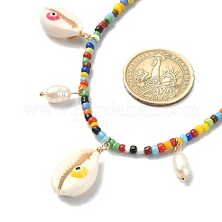 Collana con bavaglino in conchiglia naturale malocchio e perle con catene di perline di semi di vetro&nbsp;NJEW-TA00104