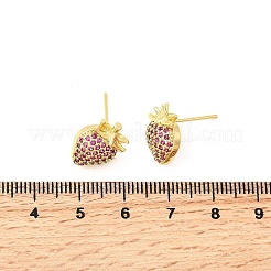 Orecchini a bottone in ottone con micro pavé di zirconi cubici a forma di fragola&nbsp;EJEW-L305-06G