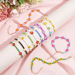 12 Stück 12 Stil Glassamen geflochtene Blumen Stretch-Armbänder Set&nbsp;BJEW-AN0001-14