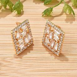 Pendientes de botón con micro pavé de latón y circonita cúbica transparente en forma de rombo para mujer&nbsp;EJEW-G428-05G