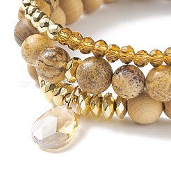 3 pièces 3 style naturel et synthétique mixte pierre et bois et laiton bracelets extensibles sertis de larme de verre pour les femmes&nbsp;BJEW-JB08355