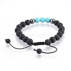 Roca de lava natural y cuentas de hematita sintética no magnética pulseras de cuentas trenzadas&nbsp;BJEW-JB03975-03