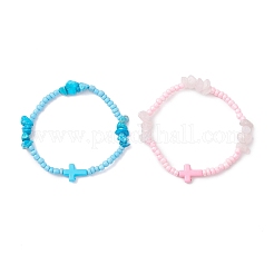 Bracelet extensible en perles de quartz rose naturel et de turquoise synthétique (2 pièce) pour femme&nbsp;BJEW-JB12909