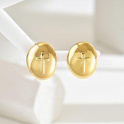 Elegantes pendientes de botón de acero inoxidable 201 con diseño ovalado y patrón de cruz.&nbsp;EK8654