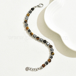 Pulseras de cuentas redondas de acero inoxidable y ojo de tigre natural&nbsp;XY1964