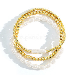 Elegantes conjuntos de pulseras elásticas apilables de perlas keshi sintéticas y cuentas redondas de latón para mujer.&nbsp;GT9048