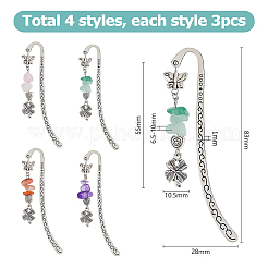 12 stücke 4 arten natürliche rose quarz & aventurin & amethyst & achat chips & legierung klee charme lesezeichen&nbsp;AJEW-HS00008