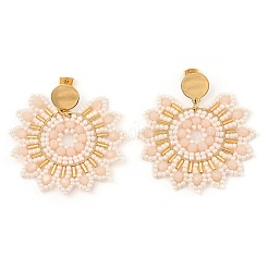 Pendientes colgantes de acero inoxidable 304 con flores y cuentas bohemias para mujer&nbsp;EJEW-R001-04B