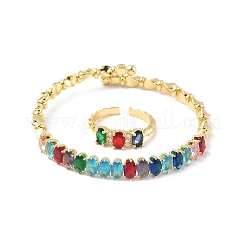 Ensemble de bracelets et bagues en laiton ovale avec micro pavé de zircones cubiques pour femmes&nbsp;SJEW-R002-06G-07