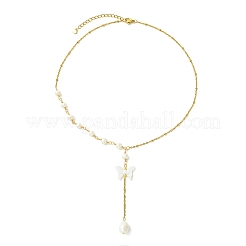 Halsketten mit Satellitenkette und Lariat aus Naturperlen und Edelstahl 304&nbsp;NJEW-JN06061