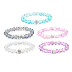 Bracelet extensible perlé rond en pierre de lune synthétique avec strass, bijoux en pierres précieuses pour femmes, couleur mixte, diamètre intérieur: 2-1/8 pouce (5.5 cm)