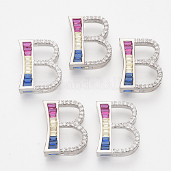 Brass Cubic Zirconia Slide Charms, Real Platinum Plated, Colorful, Letter, Letter.B, 18x14.5x5mm, Hole: 1.5x4mm and 1.5x6mm