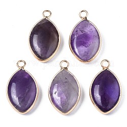 Natural Amethyst Pendants, with Golden Plated Brass Edge and Loop, Horse Eye, 25x14x5.5mm, Hole: 2.5mm