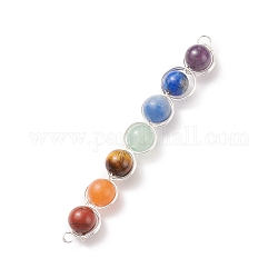 7Pcs Round Natural Gemstones Copper Wire Wrapped Connector Charms, Natural Red Jasper & Red Aventurine & Tiger Eye & Green Aventurine & Blue Aventurine  & Blue Tiger Eye & Amethyst, Silver, 80x11x8~9mm, Hole: 2~2.5mm