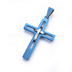 Pendentifs en 304 acier inoxydable, croix, bleu et acier inoxydable Couleur, 45x29x4mm, Trou: 8x5mm