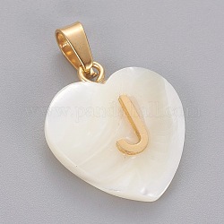 Shell Pendants, with 304 Stainless Steel Findings, Heart with Letter, Golden, Letter.J, 23.5x20x7mm, Hole: 3.5x7mm