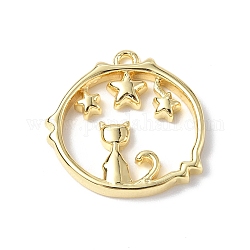 Messing Anhänger & Charms, Runder Ring mit Katzen- und Sternanhänger, echtes 18k vergoldet, 16x16x2 mm, Bohrung: 1 mm