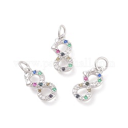 Brass Micro Pave Cubic Zirconia Charms, Number Eight, Mixed Color, Platinum, 14.5x7.5x2mm, Hole: 3mm