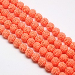 Synthetic Coral Beads Strands, Dyed, Round Beads Carved Flower Rose, Coral, 10mm, Hole: 1mm, about 40pcs/strand, 15.74 inch