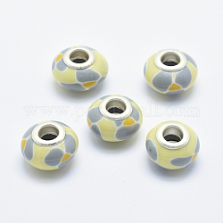 Handgemachte  europäischen Fimo-Perlen, mit versilberten Messingkernen, Großloch perlen, Unterlegscheibe mit Blumenmuster, Champagnergelb, 13~16x8~11 mm, Bohrung: 4.5~5 mm