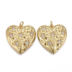 Hammered Brass Micro Pave Clear Cubic Zirconia Pendants, with Jump Rings, Long-Lasting Plated, Heart with Star, Real 18K Gold Plated, 23x25x4.5mm, Hole: 3mm
