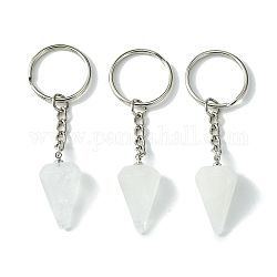 Porte-clés pendentif cône en cristal de quartz naturel, avec les accessoires en laiton de tonalité de platine, pour sac bijoux cadeau décoration, 8 cm