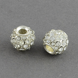 Silver Metal Color Alloy Rhinestone Beads, Drum, 10x11mm, Hole: 3.5mm