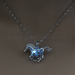 Alloy Horse Cage Pendant Necklace with Synthetic Luminous Stone, Glow In The Dark Jewelry for Women, Cornflower Blue, 17.72 inch(45cm)