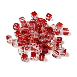Perle di vetro trasparente bicolore, cubo, firebrick, 6x6x7mm, Foro: 1.4 mm, circa 500pcs/scatola