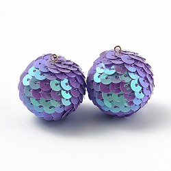 Décorations de pendentif en plastique paillette scintillante, de couleur plaquée ab , forme de boule, bleu violet, 30x29mm, Trou: 2mm