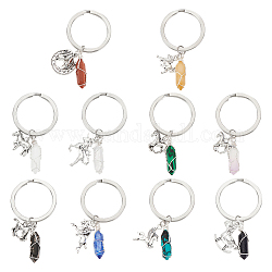 10Pcs 10 Style Bullet Gemstone Pendant Keychain, with Tibetan Style Alloy Horse & Unicorn Pendant and 304 Stainless Steel Split Key Rings, 6cm, 1pc/style