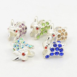 Alloy European Beads, Large Hole Beads, Lead Free and Cadmium Free, with Gade A Rhinestone, Rabbit, Silver Color Plated, Mixed Color, 16x9mm, Hole: 4.5mm