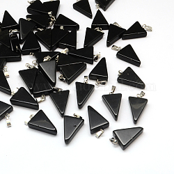 Треугольник натуральный черный камень подвески, с латунной фурнитурой платинового цвета, 22~25x14~15x5~7 мм, отверстие : 2x7 мм