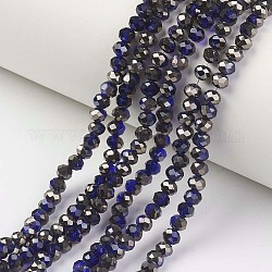 Electroplate Transparent Glass Beads Strands, Half Black Plated, Faceted, Rondelle, Marine Blue, 4x3mm, Hole: 0.4mm, about 123~127pcs/strand, 16.5~16.9 inch(42~43cm)